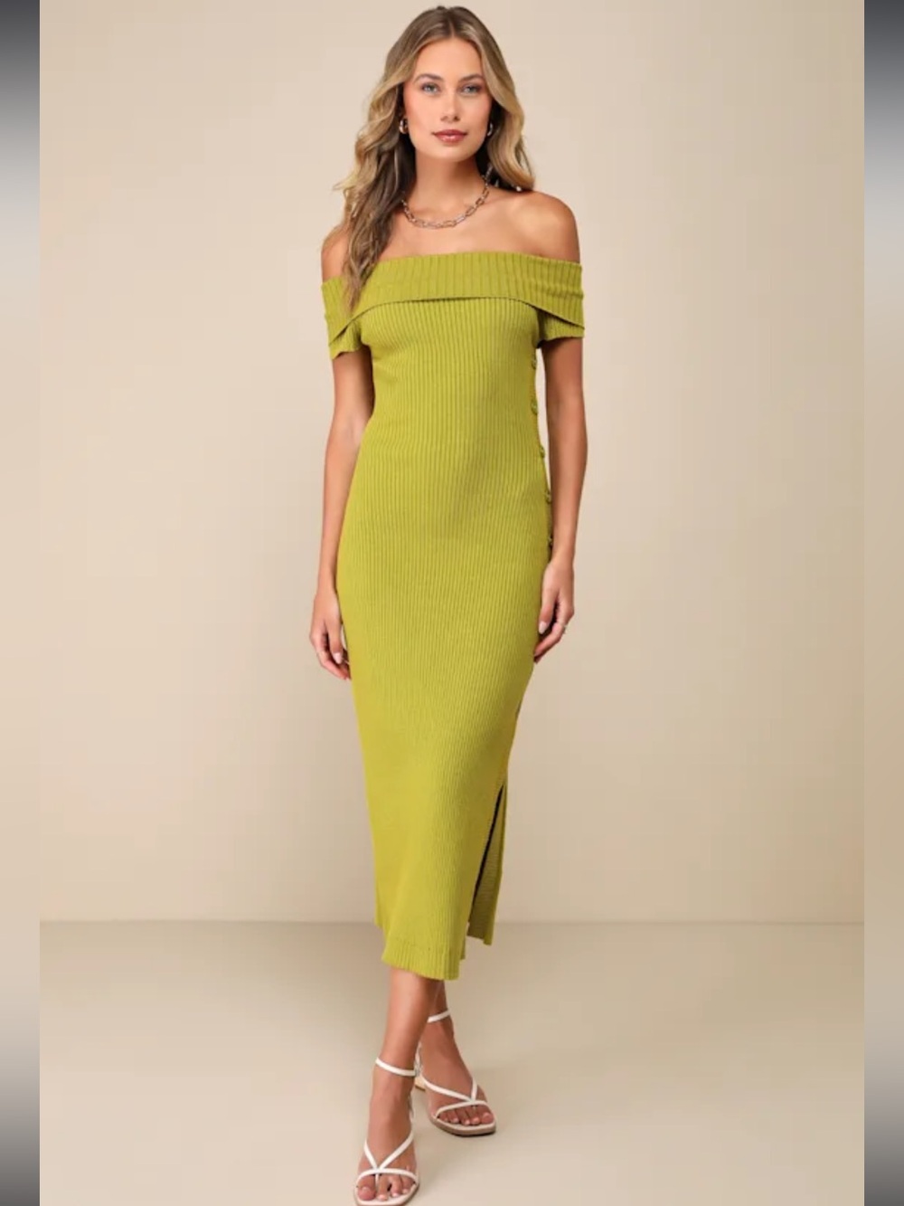 Lulu's Aura Chartreuse Ribbed Off-the-Shoulder Sweater Dress